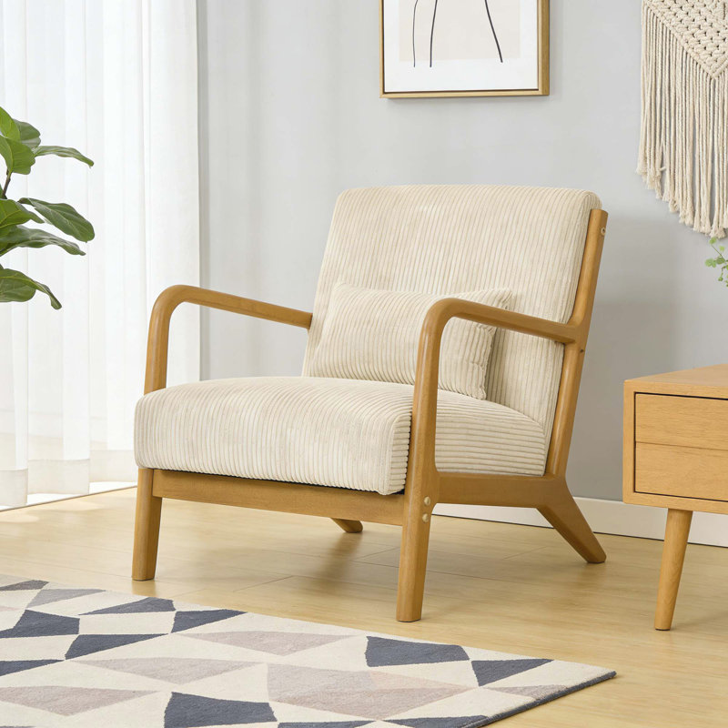 Chaise d'appoint moderne à rayures avec coussin, structure en bois et siège rembourré, idéale pour le salon, Beige