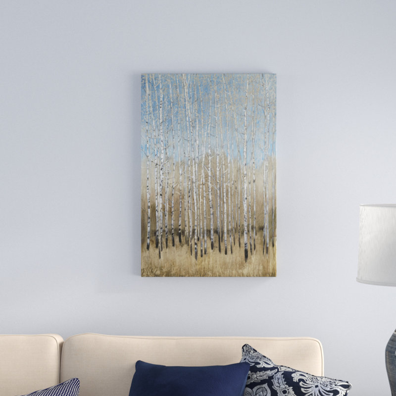 «Dusty Blue Birches I», peinture sur toile, H 30 po x l 20 po