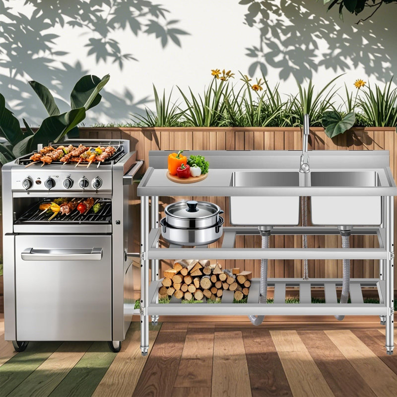 Évier utilitaire 47 pouces en acier inoxydable avec établi, double cuve autoportante avec robinet d'eau chaude et froide