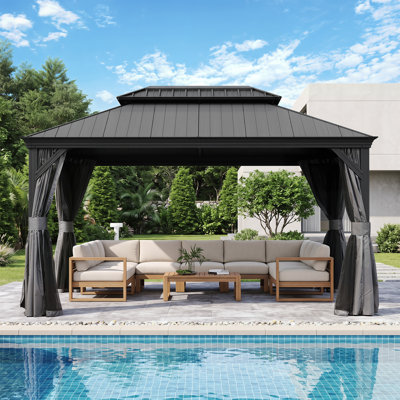 Pavillon de jardin extérieur en métal gris à grain de bois avec toit en résine et moustiquaire d'intimité