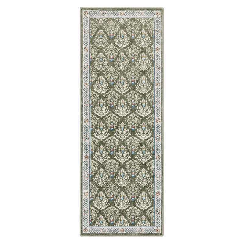 EVERWASH Haven Geo Border Machine Washable Area Rug with AirFlo Technology, Brown, 2'6"x7', 2 x 7, Olive Green/Brown