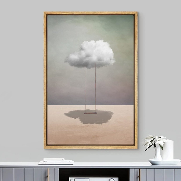 A Swing Hanging From A Cloud In Desert - Whimsical Unique Decor Framed On Canvas Print Wall Art