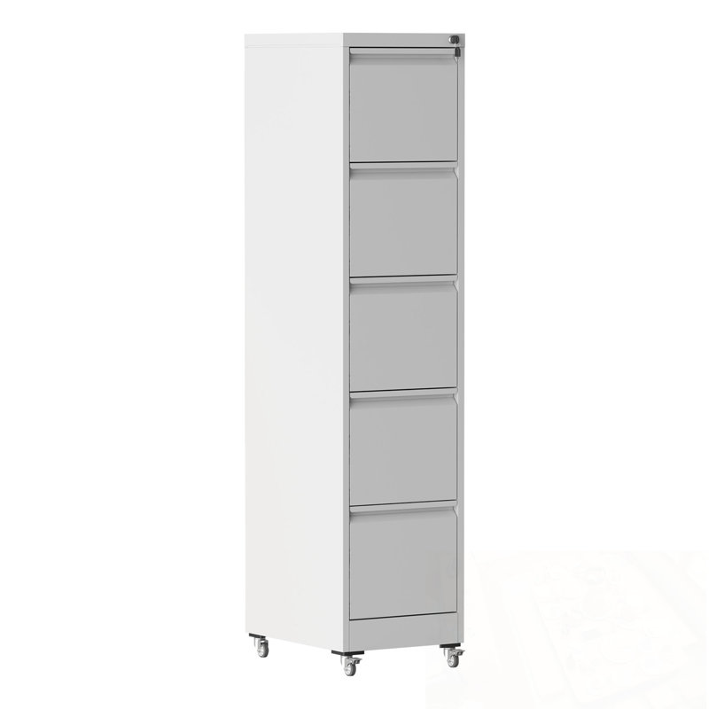 5 Drawers Metal Vertical File Cabinet with Lock on Wheels, White