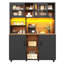 Black Retro Tall Storage Cabinet with App-Controlled LED Lights, Glass Sliding Doors & Built-In Snack Shelves for Kitchen Living Dining Room