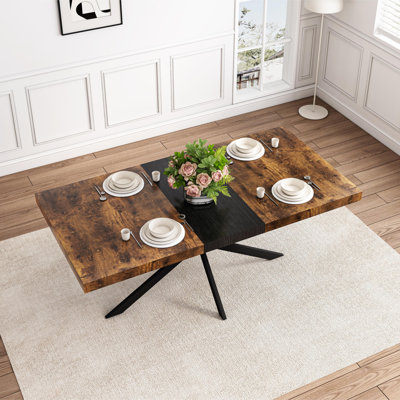 55.11" -70.86"Retro Rectangular Stretch Dining Table, Antique Wood Top And Black Relief Plate, Black Fine Sand Cross Iron Foot Base Dining Table, With Storage Box