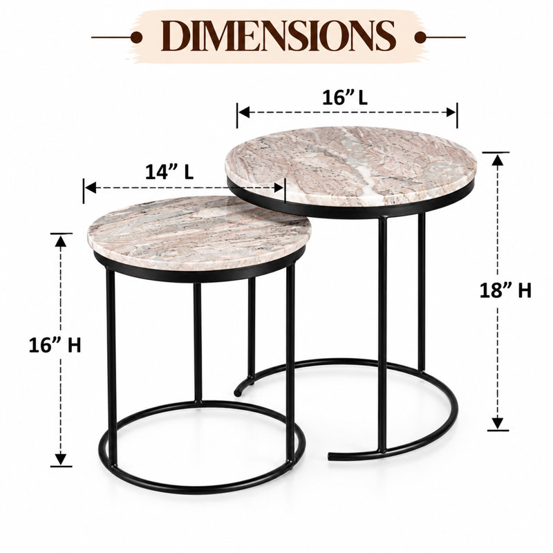 Nesting Tables | Brown Marble Top Nesting Coffee Table with Metal Frame, Black, Brown