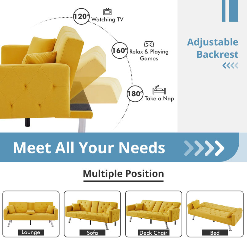 Canapé convertible capitonné double / double 75,59 po, Lin jaune