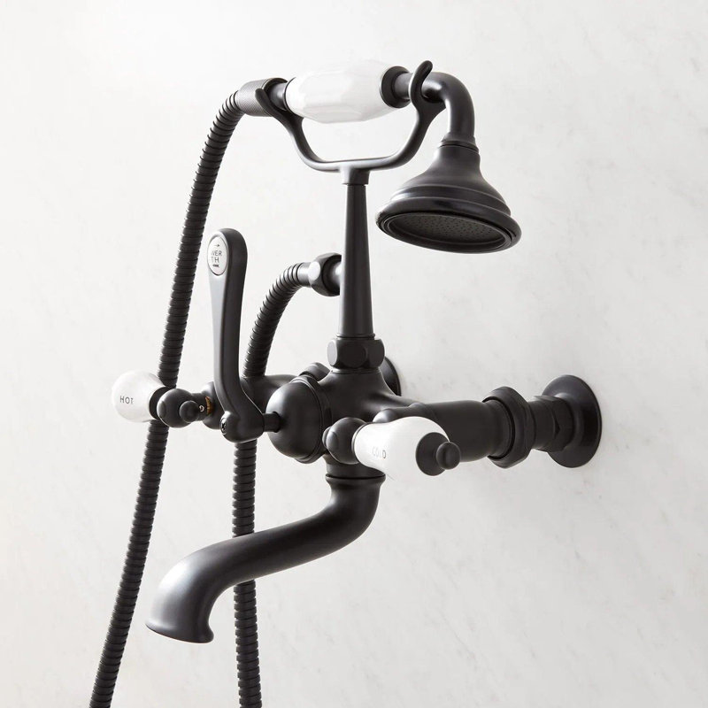 Telephone Style Wall Mounted Tub Faucet with Porcelain Lever Handles, Matte Black
