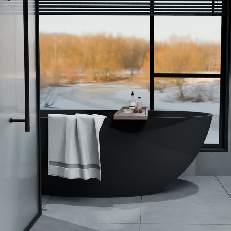65" Freestanding Soaking Solid Surface Bathtub in Matte Black
