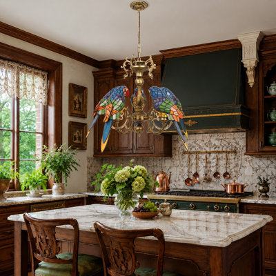 5-Light Tiffany Colorful Parrot Stained Glass Chandelier, Antique Bronze Bird Pendant Light, Dining Room, Kitchen Island, Foyer Entryway Hallway