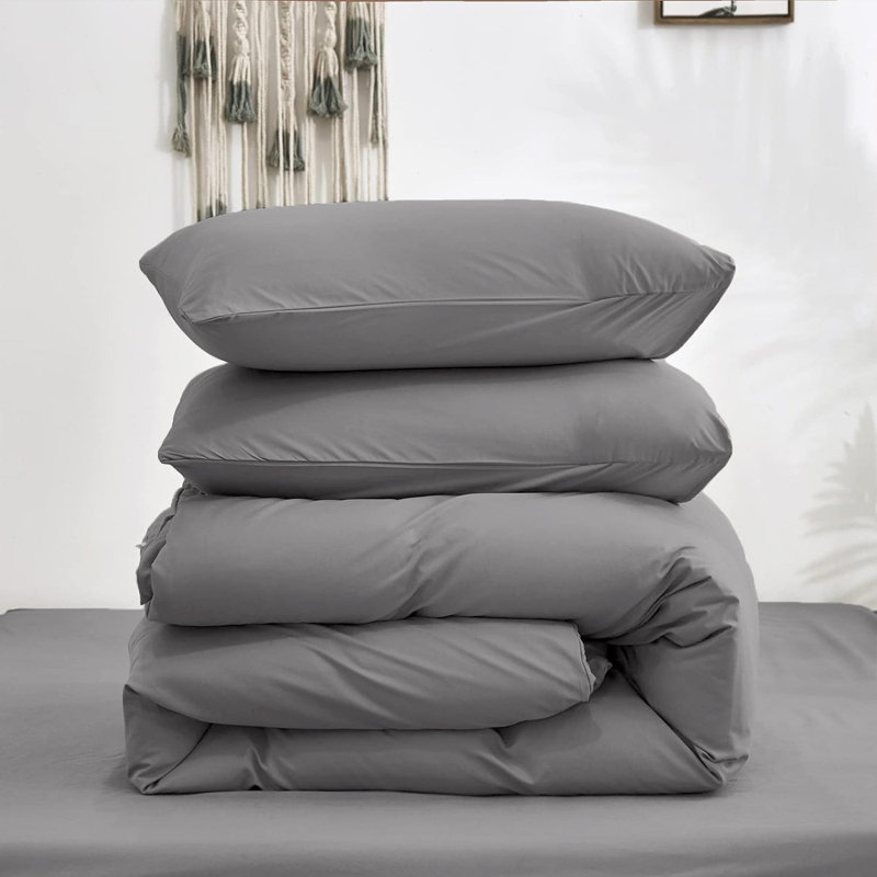 Premium 4-Piece Ultra-Soft Microfiber Duvet Complete Cover Set, Double Duvet Cover + 3 Additional Pieces, Grey