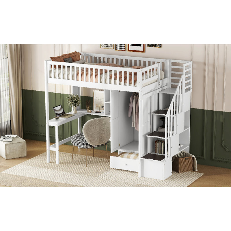 Lit mezzanine simple blanc avec bibliothèque, tiroirs, bureau et garde-robe. Pour une utilisation quotidienne - blanc. Avec design