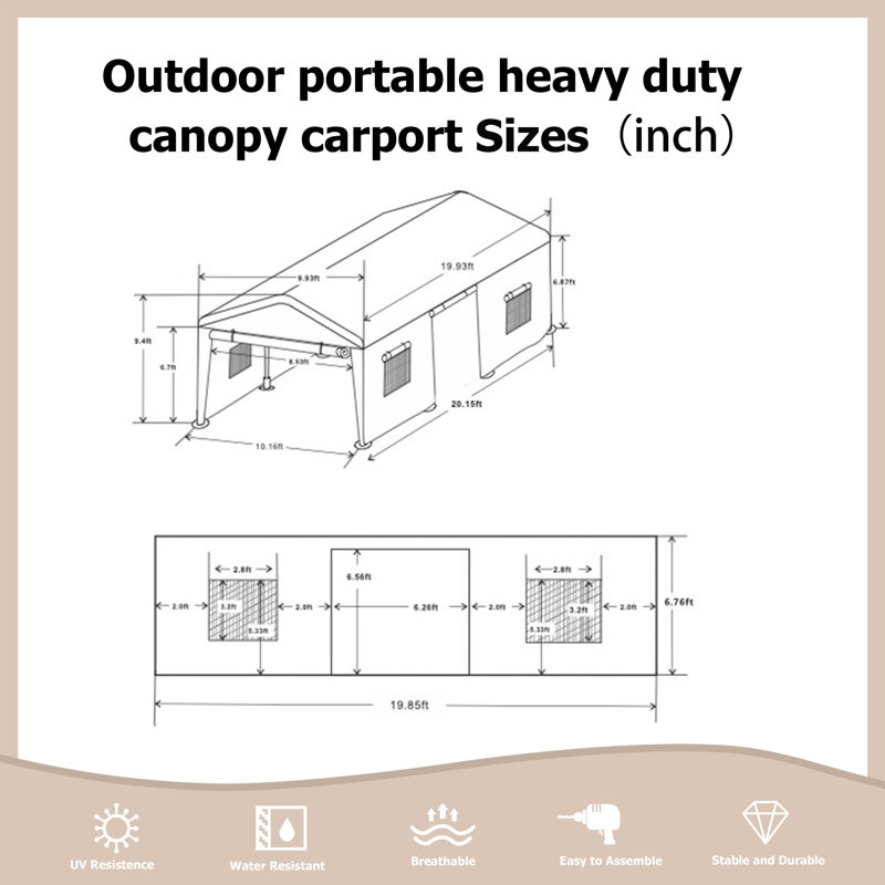 Polypropylene Outdoor Garage Shed Car Canopy Carport, Sand, 112.80"H x 121.92"W x 241.80"D