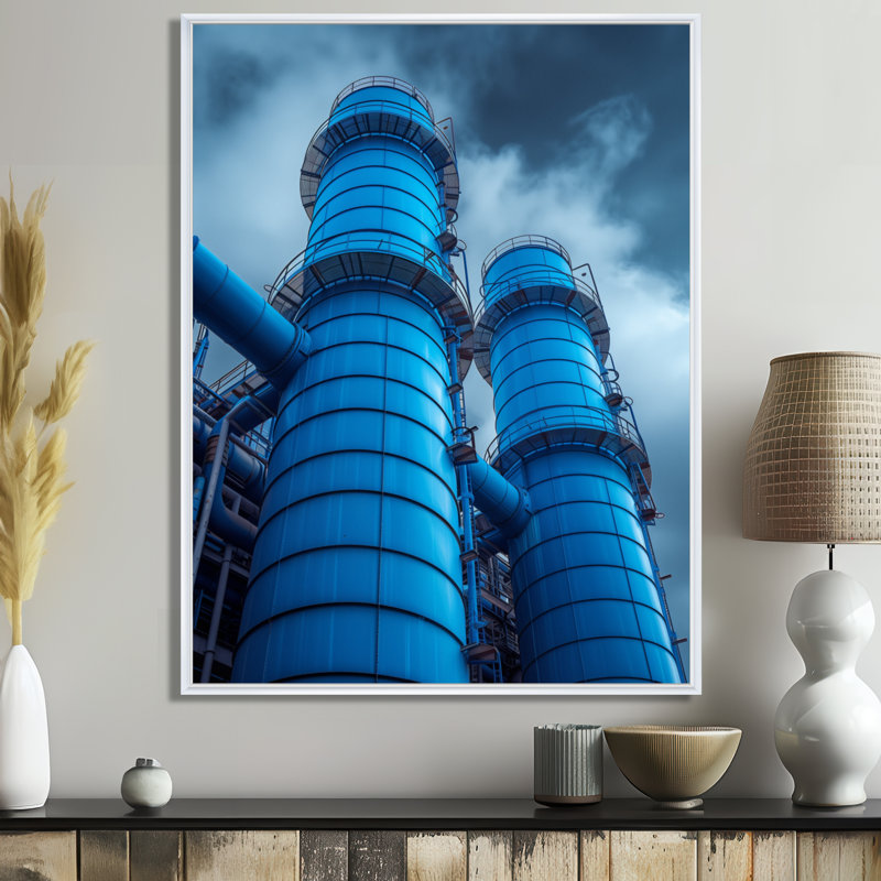 Silo bleu et gris avec centrale électrique Oasis Power Plant, H 30 po x l 40 po, Cadre flottant blanc