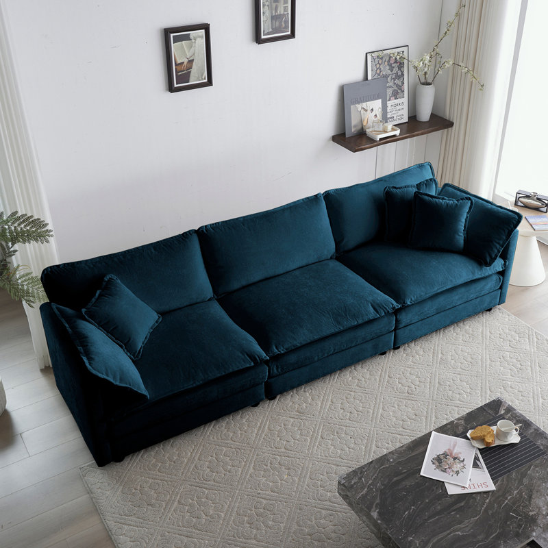 Modular 4-Seater Sofa with Chenille Fabric Upholstery with a Fixed Arm and Solid Wood Frame, Blue, 33" H x 111.5" W x 35" D