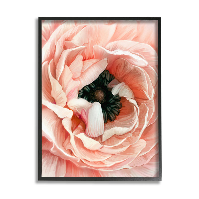 Gros plan sur une pivoine rose, Giclée encadrée noir minuit, H 14 po x l 11 po x P 1,5 po