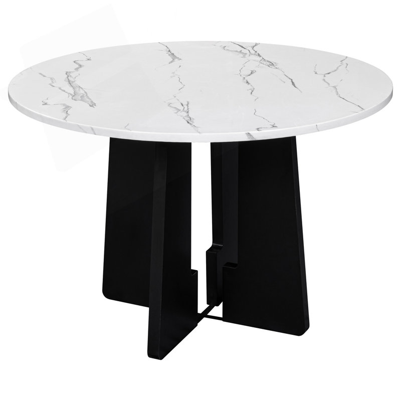 Table de salle à manger ronde en faux marbre pour quatre avec un design moderne Mid-Century et une utilisation multifonctionnelle.