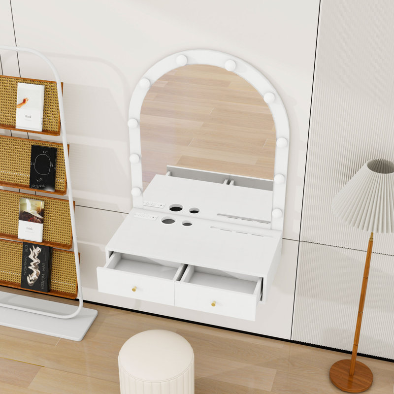 Floating Makeup Vanity Desk with Mirror, Power Outlet and Storage Drawers, White