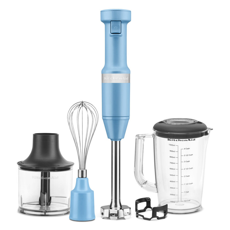Mélangeur à immersion à main à vitesse variable KitchenAid avec bras amovible de 8 po, fouet, hachoir et pot de mélange en turquoise