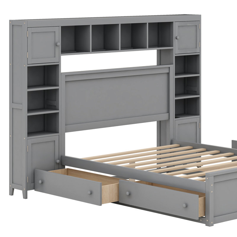 Lit en bois Shoso avec armoire, tablette et prises tout-en-un, Gris, Grand lit