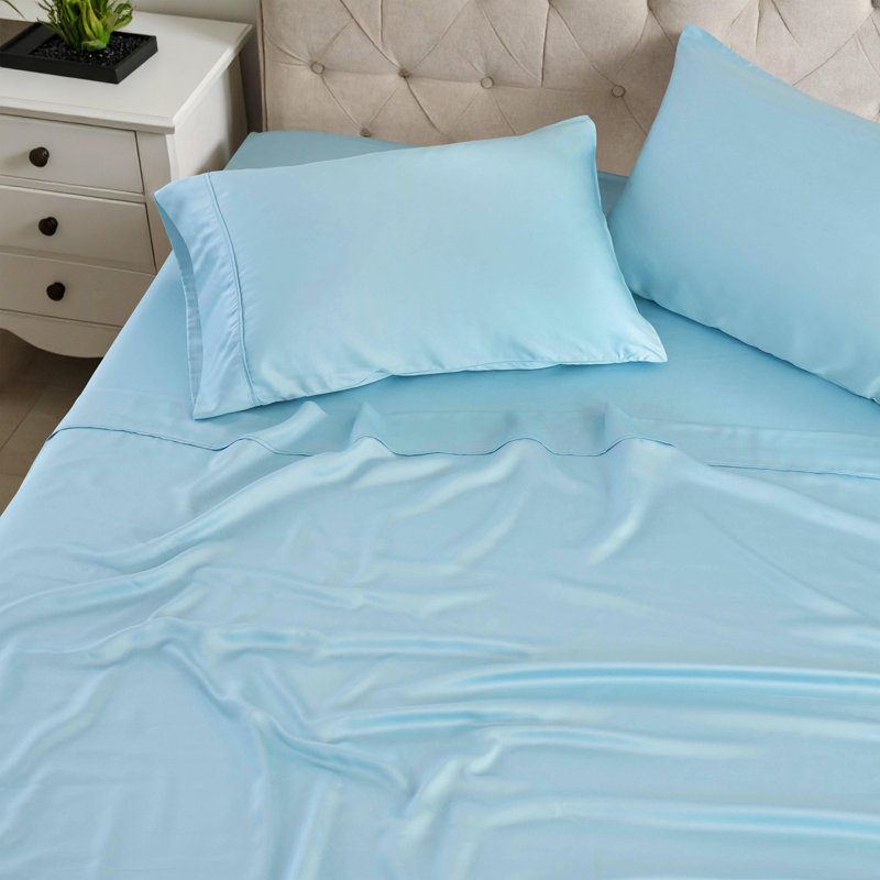 Ensemble de draps 100% rayonne de bambou Blue Nile Mills, Ensemble de draps pour très grand lit avec 2 taie, Bleu clair