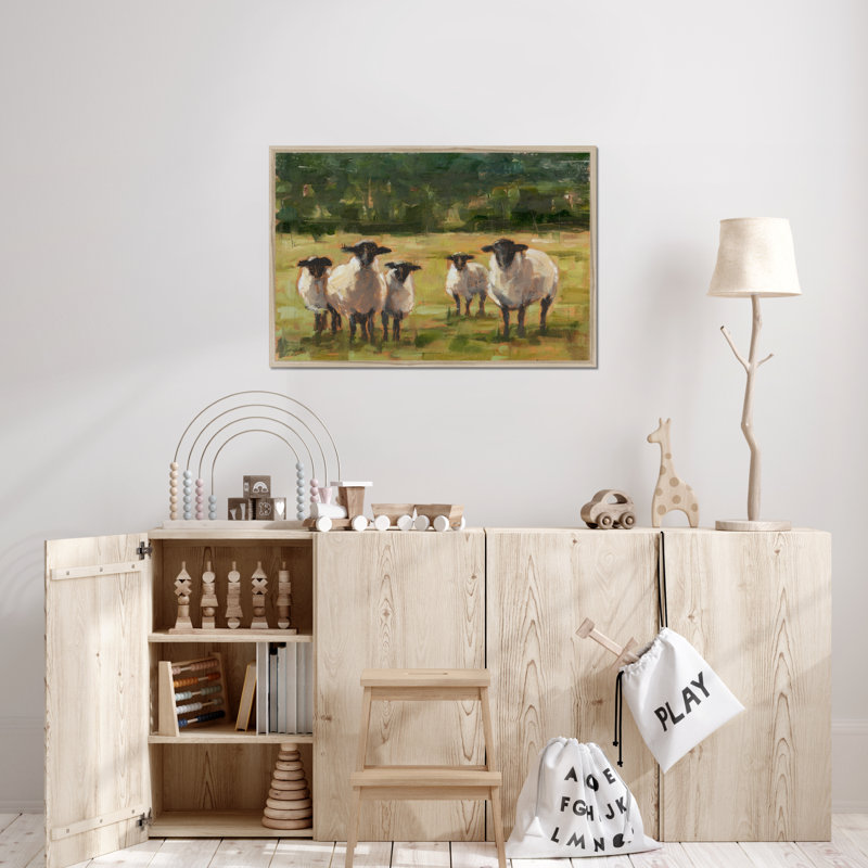Babsy Sheep Family I - Painting, 65cm H x 95cm W, Natural Wood Framed Paper Print