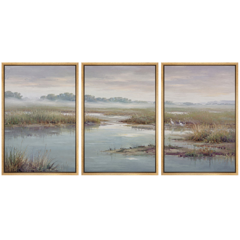 Misty Coastal Marsh with White Agrets, H 36 po x l 72 po x P 1,5 po, Cadre naturel