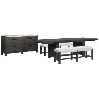 Rectangular Dining Table With 2 Benches And Sideboard
