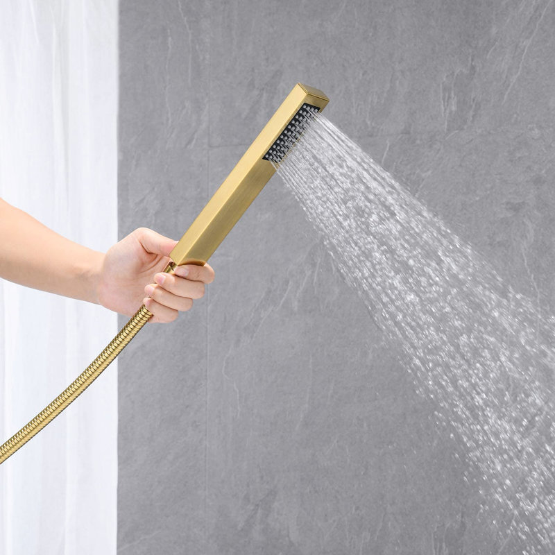 Robinet de salle de bain en or brossé - Robinet de baignoire sur pied avec bec en cascade et douchette pratique pour une toilette efficace - Fixation murale, or, poignées à levier