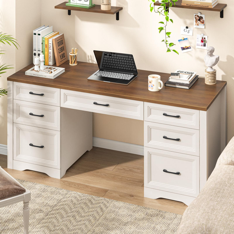 Farmhouse Executive Desk, Wood Home Office Desk With 2 Large File Drawers, Brown