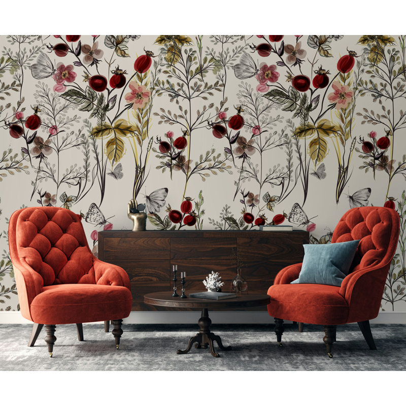 Red Berry Botanical Floral Wallpaper with Butterflies, 50'' L x 75'' W
