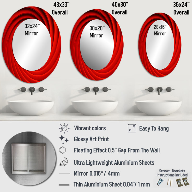 Red Perpetual Pulse Vortex II - Miroir mural moderne ovale, 36 po x 24 po