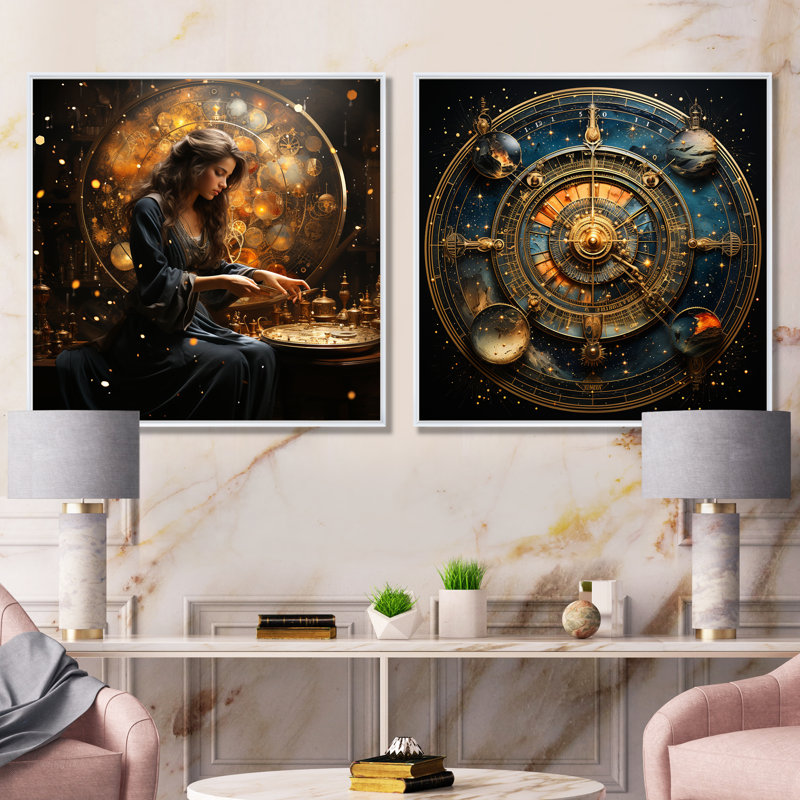 Voyage astrologique I - ensemble de 2 reproductions d'art sur toile, Cadre flottant blanc, H 16 po x l 33 po x P 1 po