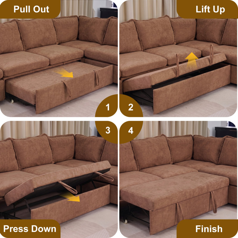 Sectional Sleeper Sofa With Pull Out Bed, L-Shaped Modular Sectional Sofa  With Storage, Cloud Couch With Deep Seat, Chenille, Orange