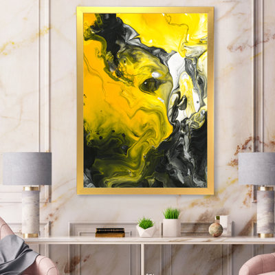 Jaune, jaune, noir et blanc, art liquide III - peinture sur toile