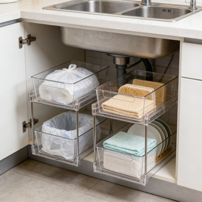 Rangement coulissant à 2 niveaux avec tiroirs, rangement de salle de bain et de cuisine empilable transparent pour l'organisation sous l'évier, le garde-manger, le comptoir et l'armoire