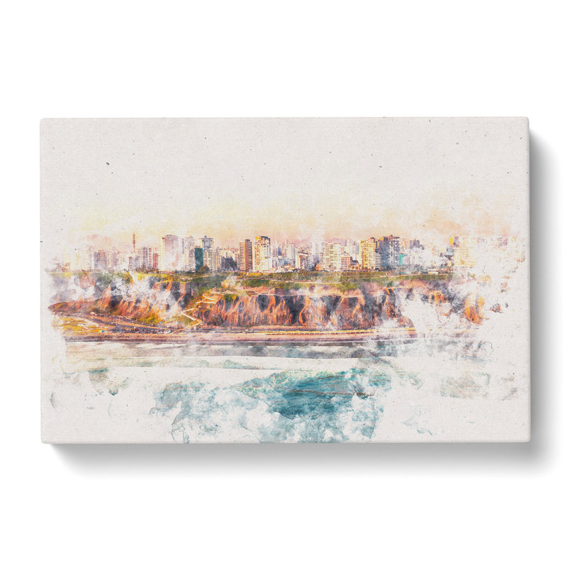 Lima Skyline In Peru Watercolour - Wrapped Canvas Print, 60cm H x 91cm W x 3cm D