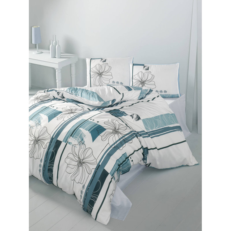 Ensemble de housse de courtepointe Luxury Ranforce King, 100% coton, 102,4 x 86,6 pouces | Comprend 2 taies d'oreiller (19,7 po x 35,4 po) | Lavable à la machine, 145 fils au pouce, élégant design blanc, gris et turquoise, fermeture à boutons