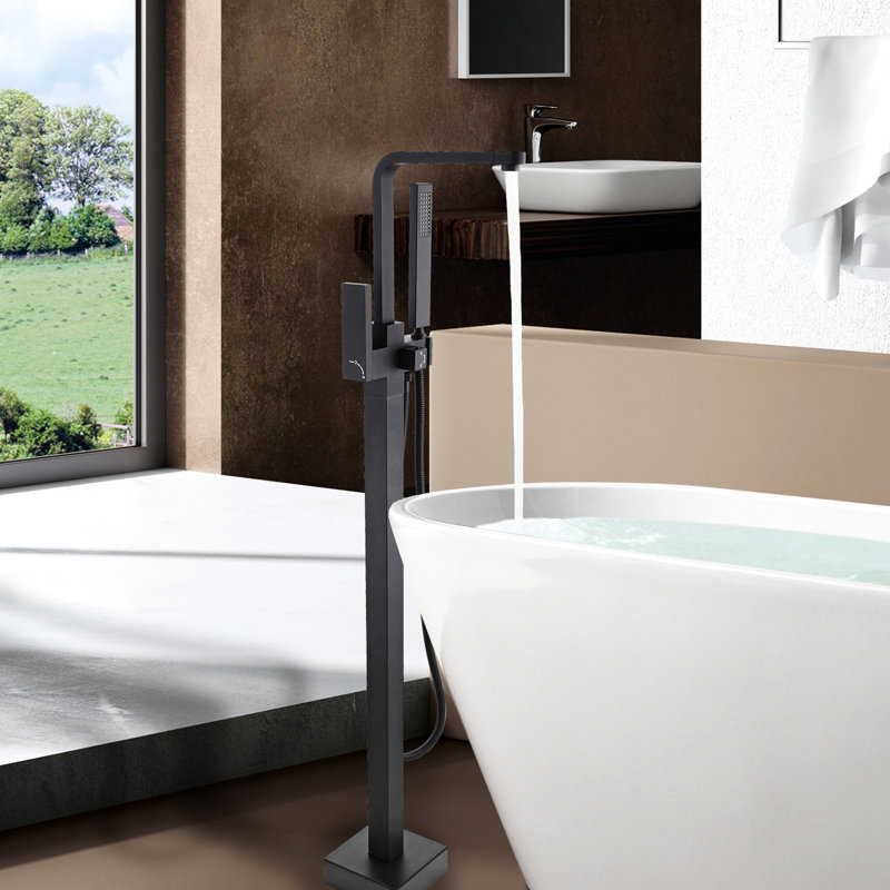 Robinet de baignoire autoportant en métal noir mat avec douche et main