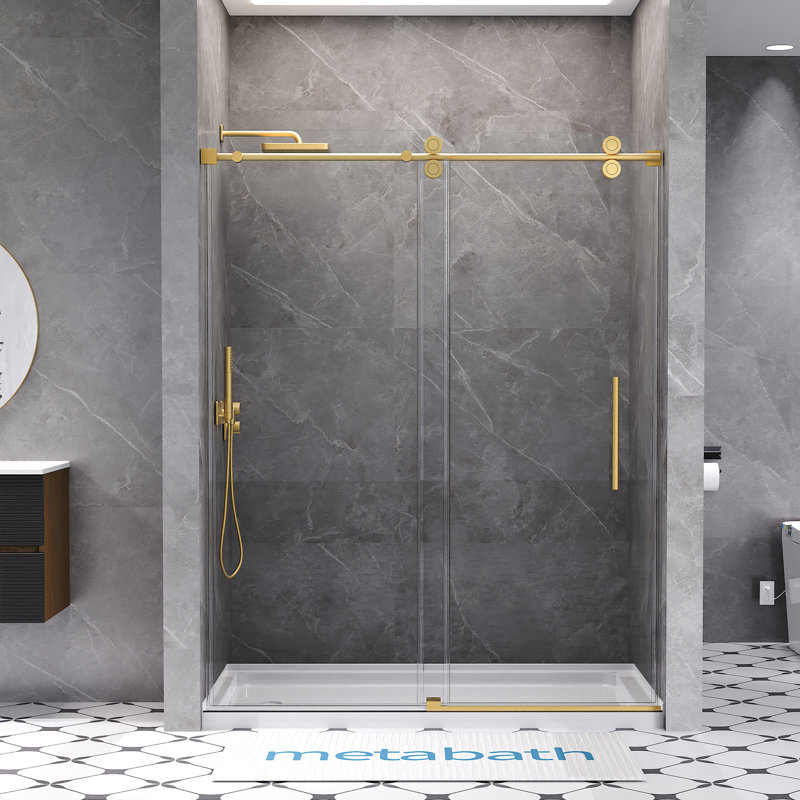 56"-60" W x 76" H Single Sliding Frameless Shower Door with 3/8"(10mm) Tempered Clear Glass, Gold