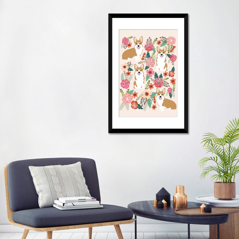 Corgi floral, reproduction d’art sur toile tendue, H 32 po x l 24 po x P 1 po, Papier d'art encadré noir, Blanc