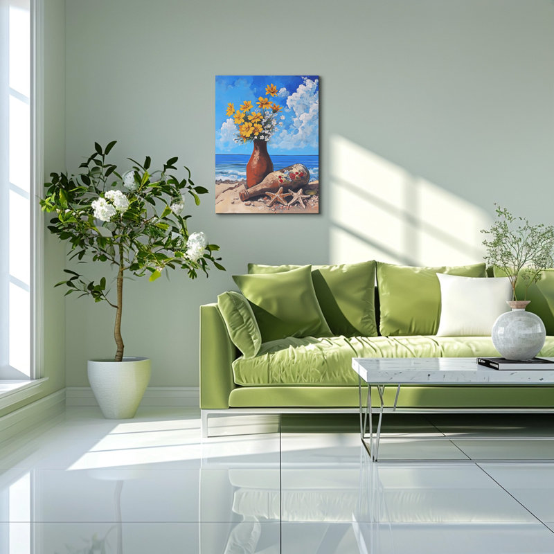 Plage côtière rétro avec bouteilles en verre, étoile de mer et fleurs - décoration murale en toile tendue, 40" H x 28" W