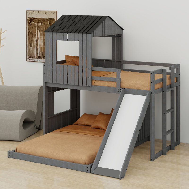 Bunk Bed, Loft Bed With Playhouse, Farmhouse, Ladder, Slide And Guardrails, Gray/Black