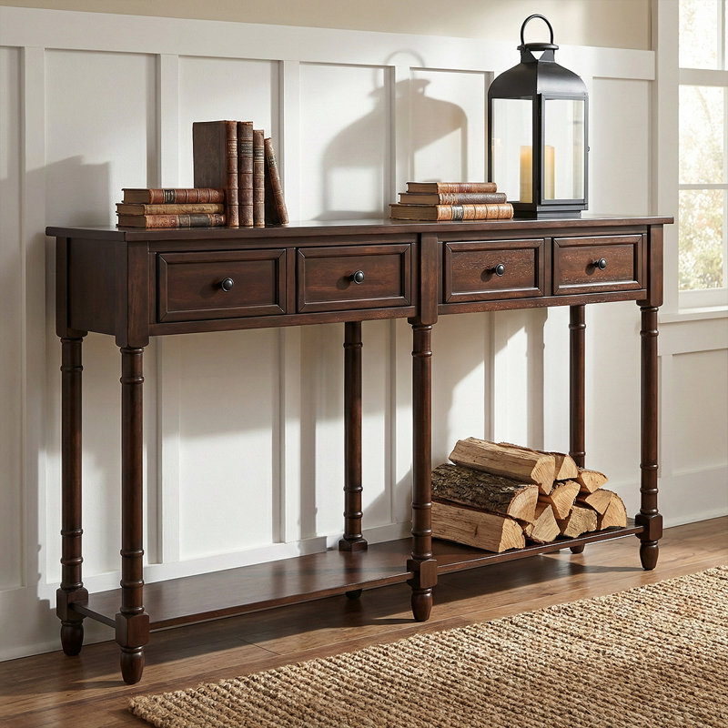 Vintage Sofa Table With Storage Drawers - Rustic Entryway Furniture, Tapered Legs, Elegant Design, Espresso Wood