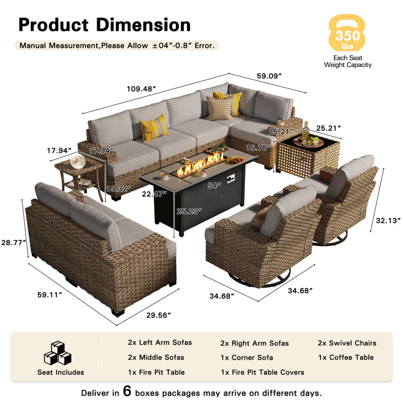 Ensemble de conversation modulaire d'extérieur en osier pour 9 personnes avec chaises berçantes pivotantes et table de foyer d'extérieur