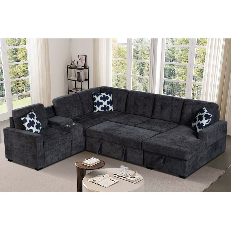 Delila 6-Piece Modular Sectional Sofa With Storage & Pullout Loveseat – Chenille Modern Living Room Collection