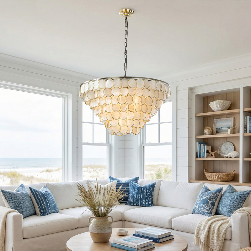 Siegle 6-Light Aged Bronze Natural Capiz Shell Tiered Chandelier, 16.5" H x 29.5" W x 29.5" D