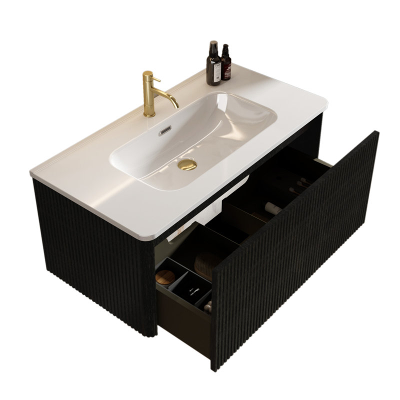 U048-Etna36w-305 Etna 36" Striped Walnut Bathroom Vanity With  Ceramic Sink, Black