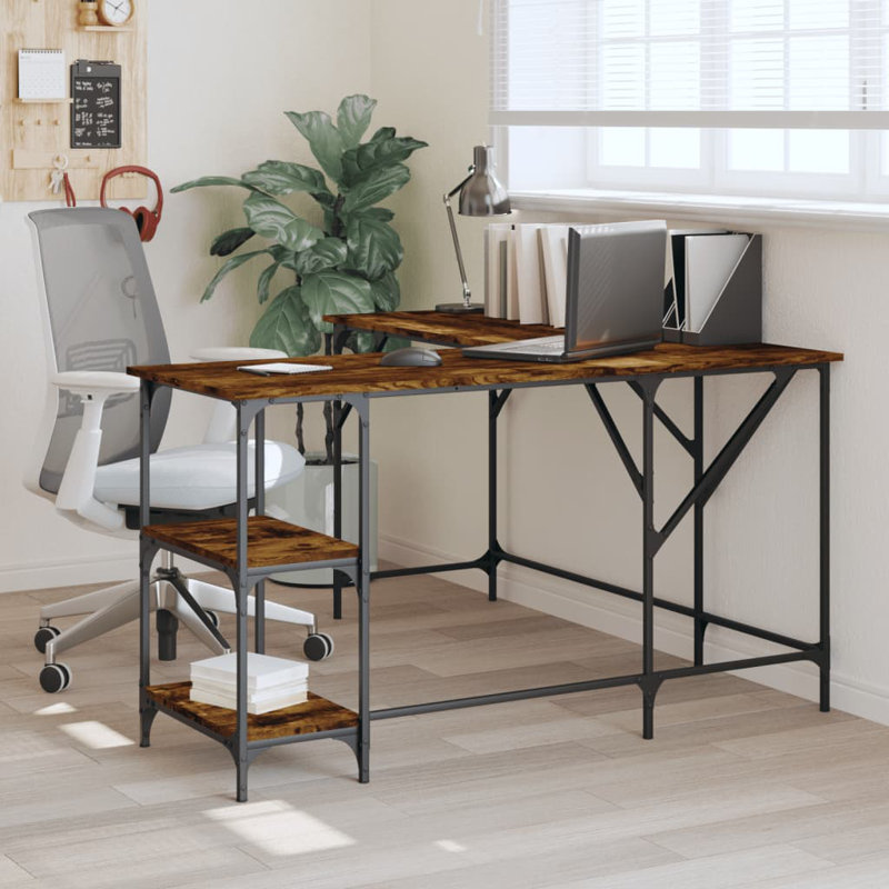 Aadvika L-Shaped Metal Base Writing Desk, Smoked Oak