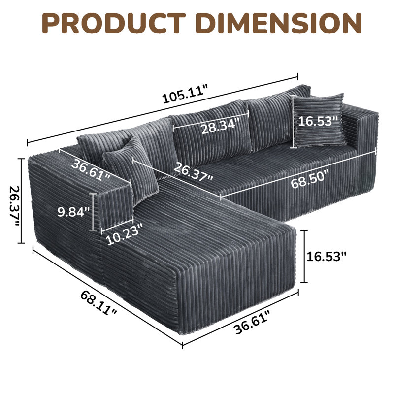 105" L-Shaped Modular Compression In Gray, Construction, Right Chaise For Living Room, Bedroom, Apartment. Safe Spring- Design, No Metal, & Pet . Comfortable High Foam Adapts To Posture, Cloud-Like